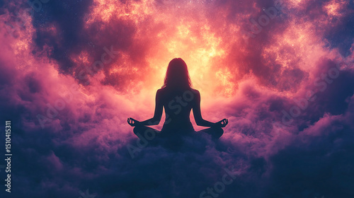 Silhouette, energy and meditation on colorful background or wallpaper, for mindfulness and spirituality chakra. Enlightenment, peaceful and religion practise for mental health, zen and stress free