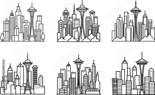 Set Of Line Art Seattle Cityscape Silhouettes.