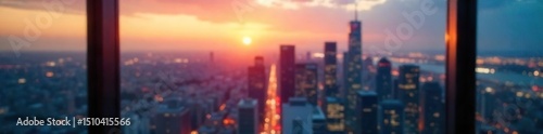 Wallpaper Mural A blurred city skyline at sunset, viewed from a high-rise office window, suggesting a corporate sender The image evokes ambition, success, and a professional environment , sunset, bokeh Torontodigital.ca