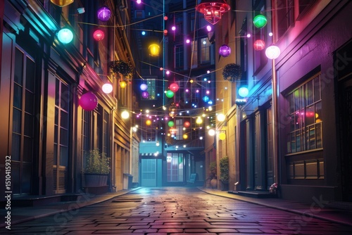 Vintage Streets with Colorful Lights at Night, 3D RenderingHigh Detail, 8K