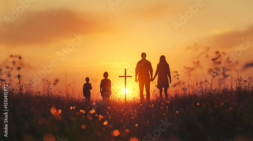 Silhouette, family and Christian cross for praying, religion and funeral social gathering
