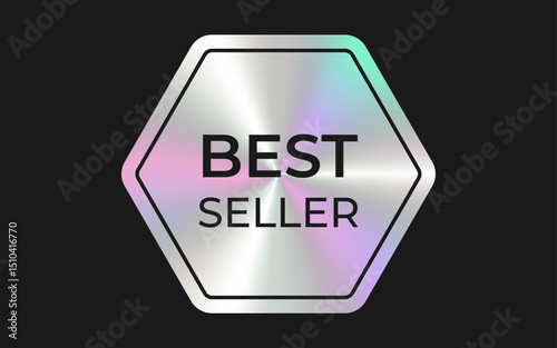 Best seller label with chrome holographic effect on hexagon shape. Metallic gradient icon, badge, tag, sticker.