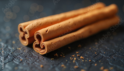 Cinnamon stick on black textured surface, useful for spice packaging or seasonal cooking features  photo