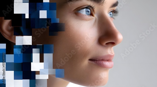 Digitized portrait of a woman amid pixelation effect photo