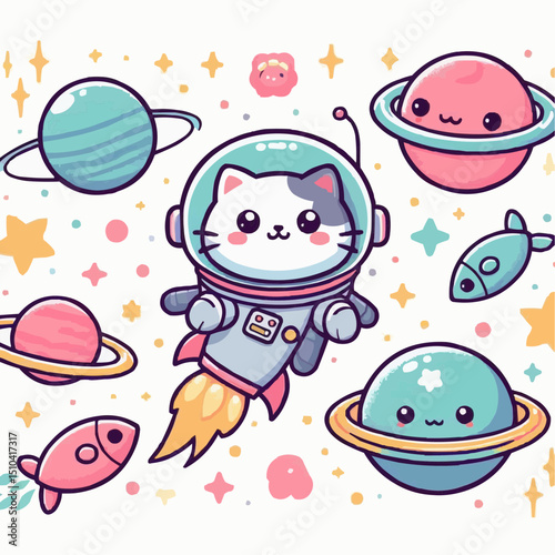 Cute illustration of an adventurous cat astronaut exploring space among colorful planets and playful alien creatures