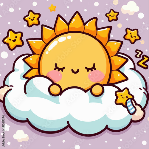 Adorable illustration of a cheerful sun sleeping on a fluffy cloud surrounded by twinkling stars in a whimsical sky setting