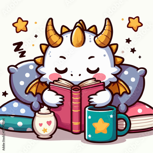 Charming illustration of a cozy dragon reading a book with pillows and a cup of tea in a whimsical style
