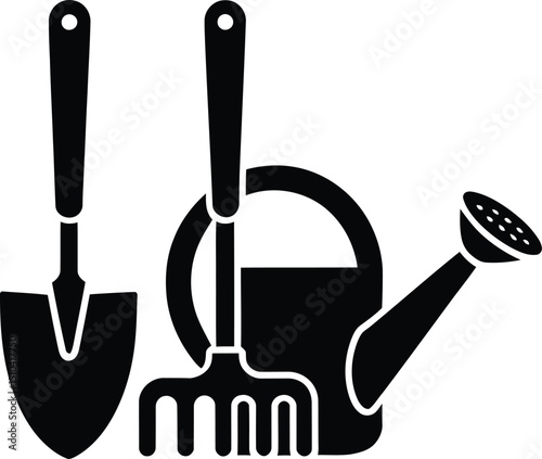 Black gardening tool icons with spade, rake, and watering can