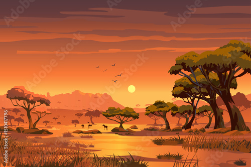 A beautiful sunset over an African landscape, featuring towering trees and silhouettes of animals, embodying the natural beauty of the continent.