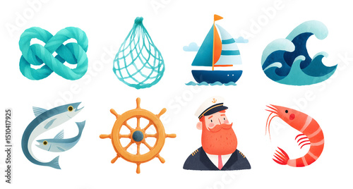 Colorful marine icons collection. Flat style clipart isolated on transparent background. Travel and vacation concept. Design for stickers, t-shirts, summer product advertisement.
