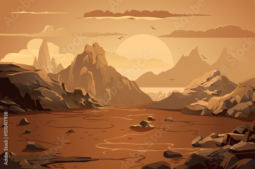 An illustration of a serene mountain landscape featuring mountains, a calm lake, and a sunset. The warm colors create a tranquil atmosphere.