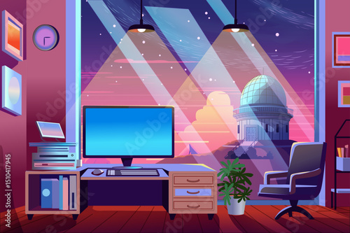 A cozy office interior featuring a desk, computer, and a view of an observatory under a starry sky with warm colors.