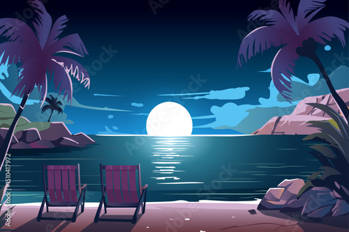 A tranquil beach scene with two chairs facing a large sunset over the ocean, surrounded by palm trees and a serene landscape.
