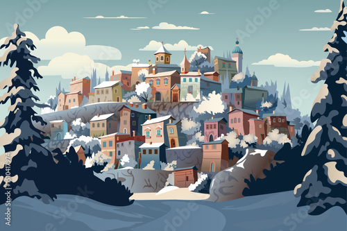 A picturesque winter village scene featuring colorful houses covered in snow, surrounded by trees and mountains in a serene landscape.