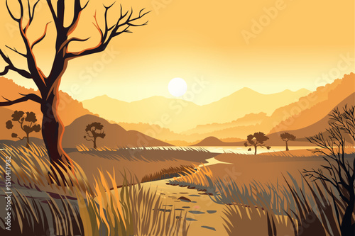 A beautiful sunset over a tranquil landscape featuring rolling hills, a river, and silhouetted trees. The scene captures a calming atmosphere in warm hues.