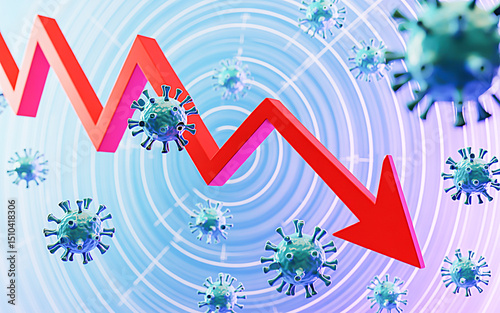 A sharp red arrow plunges through a blue-purple gradient, surrounded by 3D coronavirus models and circular data patterns, illustrating a stark scientific decline