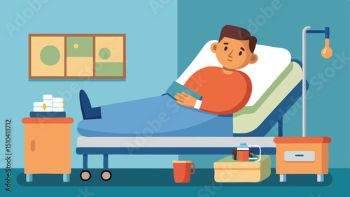 Cartoon Man in Hospital Bed Reading Book, Side Table, Water Pitcher and Picture