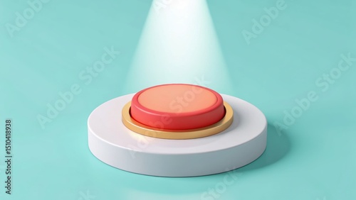 A large red button is illuminated by a spotlight on a teal background, suggesting activation or decision-making.