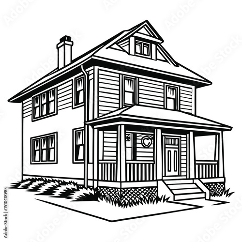 Detailed Black and White Line Art Illustration of a Two Story House
