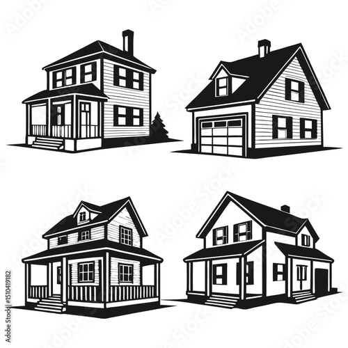 Four Black and White House Illustrations with Porches and Different Styles