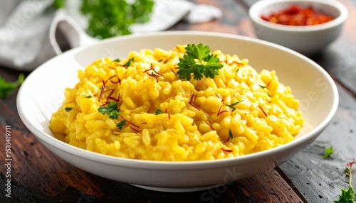 Traditional Risotto alla Milanese with Saffron. Traditional Italian Food