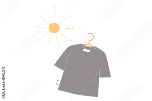 太陽と裏返して干した黒っぽい服のイラスト