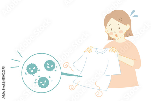 臭う洗濯物を持って困っている女性と菌のイラスト