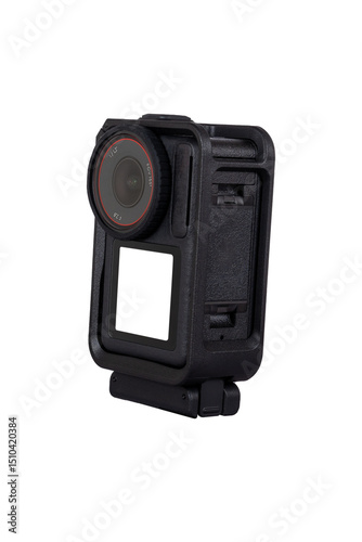 black action camera in protective case on transparent background