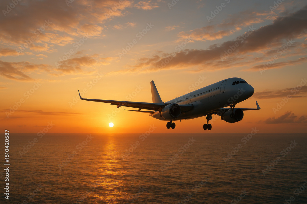 Fototapeta premium A plane flying over an ocean at sunset.