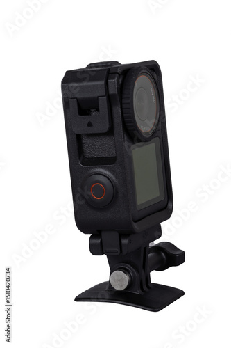 black action camera in protective case on transparent background