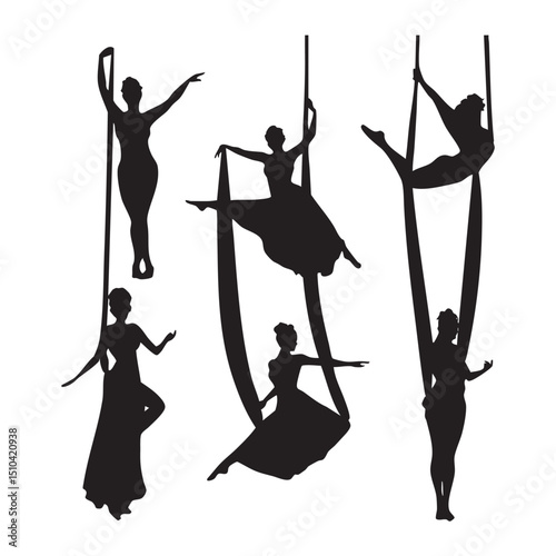  aerial silks silhouette set, Black silhouette