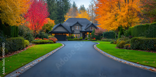 Freshly paved asphalt driveway curving through scenic residential area with vibrant autumn trees

