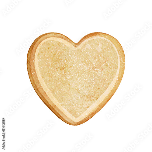Cartoon cute cooking  kitchen culinary golden gingerbread heart shape cookies isolated on white background. Watercolor and pencil hand drawn illustration sketch