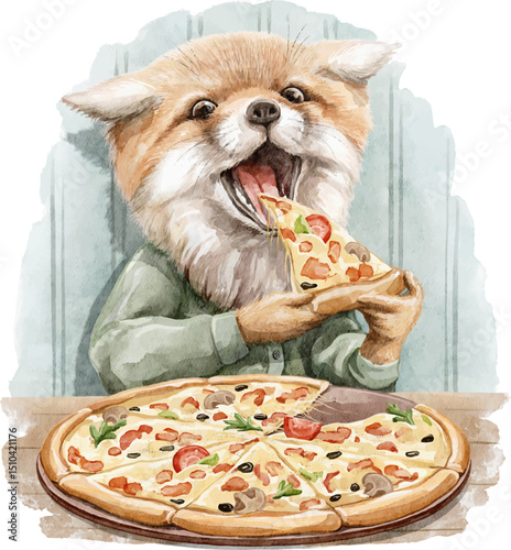 Cute cartoon little red fox character animal in clothes eat round delicious pizza fast food isolated on white background. Watercolor hand drawn illustration sketch vector