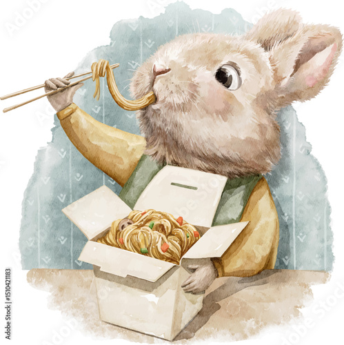 Cute cartoon little rabbit bunny character animal in clothes eats Chinese noodles from a box with chopsticks isolated on white background. Watercolor hand drawn illustration sketch vector
