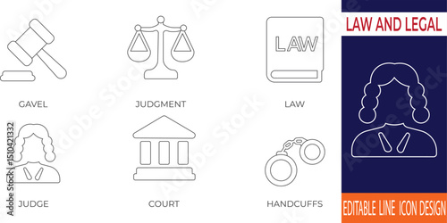 A professional collection of law and legal line icons including symbols for courtrooms, justice, contracts, lawyers, and legal processes. Ideal for law firms, legal presentations, and judicial 