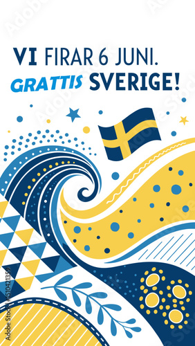 Stylized abstract artwork celebrating Sweden’s National Day with blue and yellow shapes and Swedish flag on white background.
