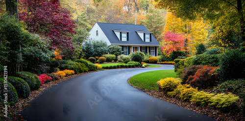 Freshly paved asphalt driveway curving through scenic residential area with vibrant autumn trees

