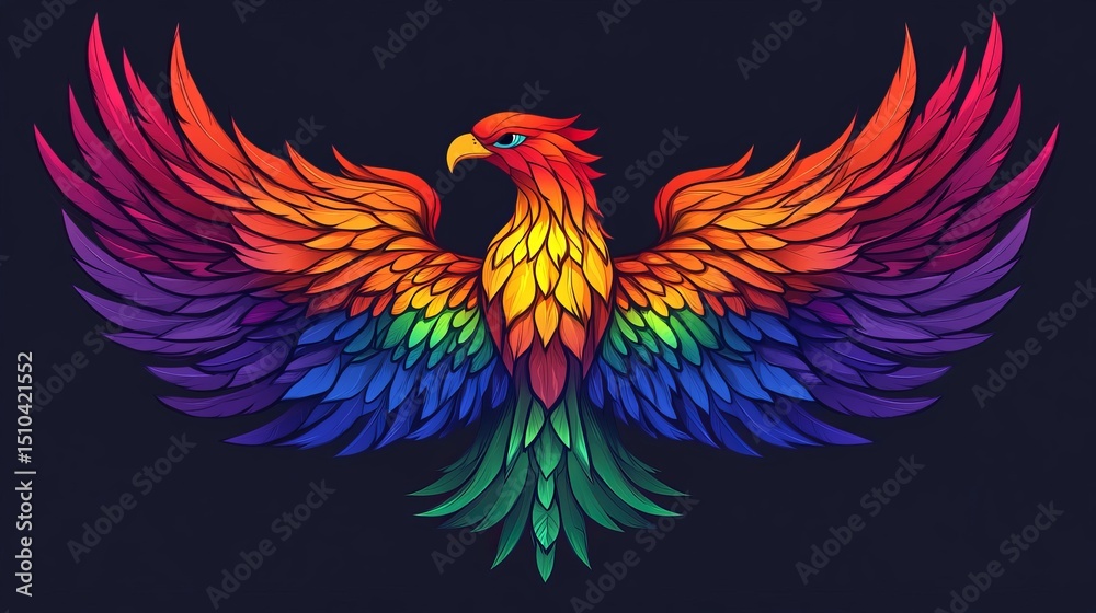 Minimalistic pride-themed illustration of a phoenix with vibrant rainbow-colored feathers and outstretched wings against a dark background Minimalistic pride-themed illustration of a phoenix with vibrant rainbow-colored feathers and outstretched wings against a dark background