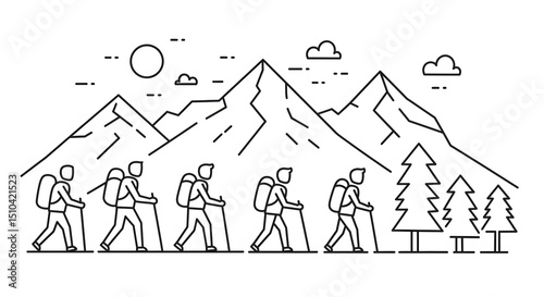 Line Drawing of Hikers Trekking in Mountain Landscape with Trees Sun and Clouds