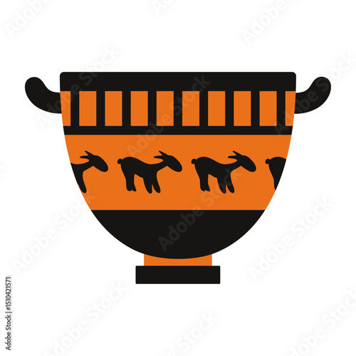 Ancient Greek pottery illustration with a black-figure animal motif and geometric border. Classic amphora shape in orange and black tones, perfect for history, archaeology, and museum themes.