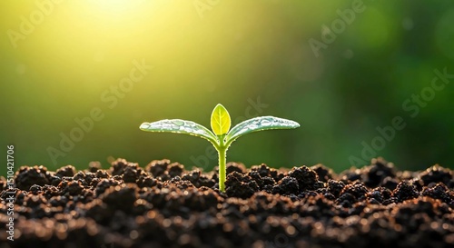  A tiny green plant sprouting from rich, dark, fertile soil under soft morning sunlight, with dewdrops glistening on the leaves.