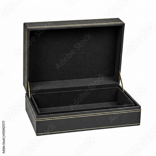 Elegant leather gift box for jewelry, black with gold trim, open showing velvet interior, pure white background.