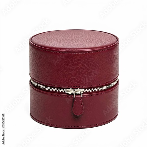 Round modern leather gift box with metallic zipper, rich burgundy leather, pure white background.