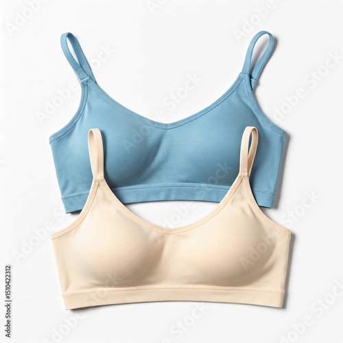 Two-piece girls' bra set in soft modal fabric sky blue and cream color minimal design folded neatly pure white background