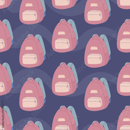Cute pink school backpack vector seamless pattern with pastel colors. Perfect for children education designs, back to school projects, and stationery-themed decorations.