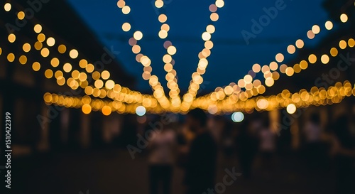 Blurred Night Market Scene with Glowing String Lights and People Walking Around at Dusk
