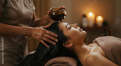 Woman receiving ayurvedic shirodhara treatment at a wellness salon. Relaxing spa procedure with oil pouring on her head for tranquil health.