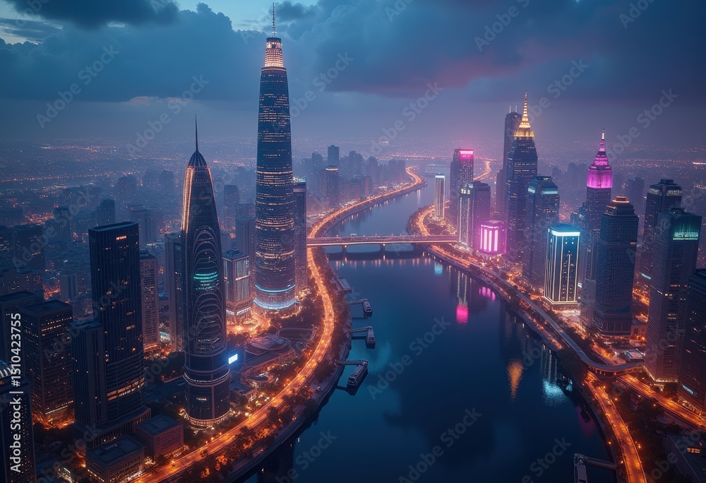 Fototapeta premium glowing cityscape architectural wonders dusk skyline illumination urban landscape night view, building, window, light, skyscraper, neon, asphalt, reflection
