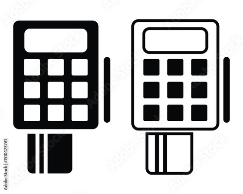 Pos terminal icons. Modern glyph icon fill and outline symbol for pos payment system by credit card. Electronic payment and transaction processing. Vector illustration.